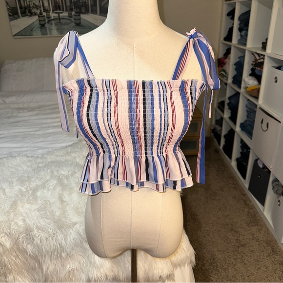 Kyerivs | NWOT Striped Ruffled Smocked Peplum Crop Top Tie Shoulder Straps - Picture 2 of 10